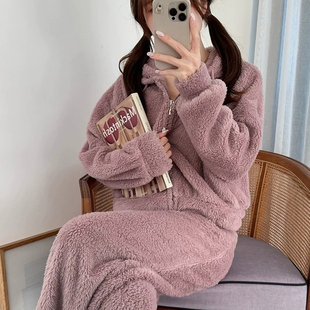 日单GRL女士冬季珊瑚绒连帽家居服套装长袖长裤宽松居家睡衣