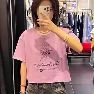 T恤女 M家夏季 新款 时尚 百搭玫瑰印花磨破圆领短袖