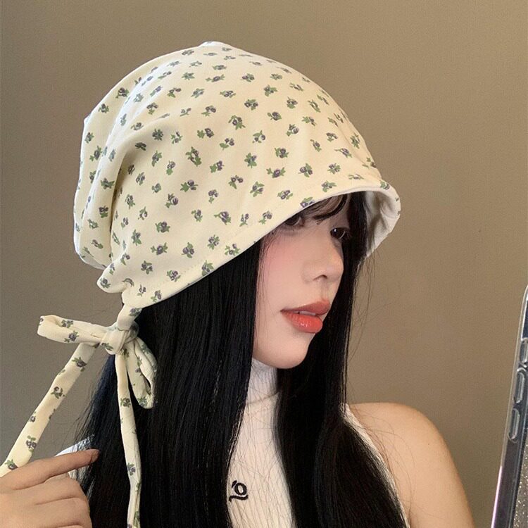 碎花绑带包头堆堆帽女显脸小头巾复古冷帽大头围宽松月子产妇帽ZX
