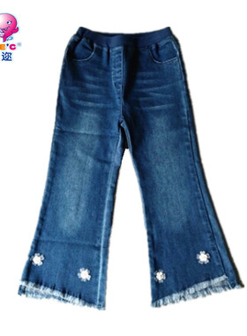 童装女童春秋款204522百搭柔软透气松紧腰弹力牛仔毛边喇叭裤长裤