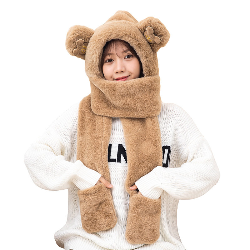 곰 모자 여성 가을 겨울 다목적 스카프 원피스 스카프와 장갑 ??3 피스 세트 겨울 플러시 겨울 따뜻한 차가운 모자