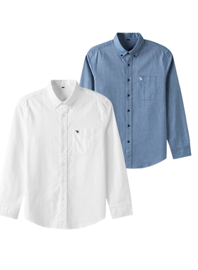 AF小鹿男装衬衫美式休闲春秋百搭长袖纯色牛津纺修身商务纯棉衬衣