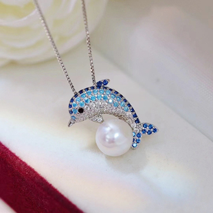 DIY珍珠吊坠配件S925纯银挂坠空托蓝钻海豚款吊项坠托半成品