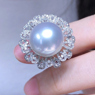 DIY珍珠配件S925纯银大戒指空托时尚奢华开口戒珠宝玉石手工银托