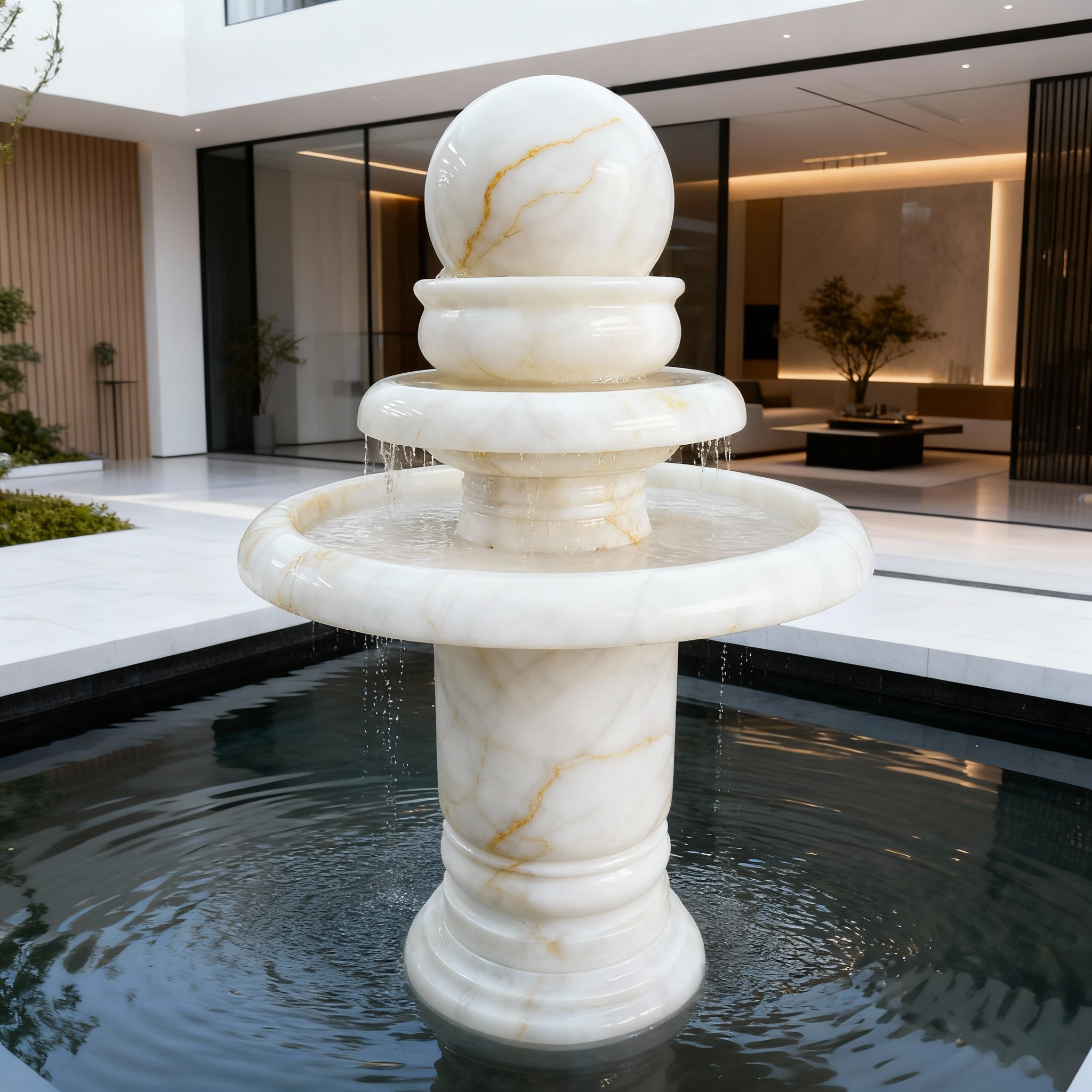 高端定制进口白玉石风水球豪宅别墅大堂庭院喷泉假山造景流水装饰