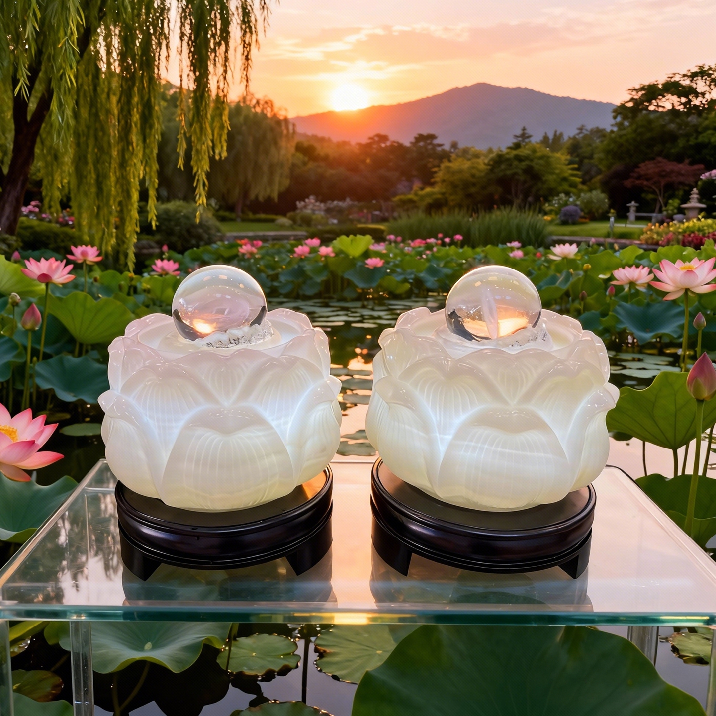 天然白玉石新中式莲花风水球加湿器轻奢豪宅客厅装饰发光流水摆件