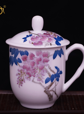 醴陵普盛 釉下彩中式手绘陶瓷茶杯带盖600ml大容量随手礼定制logo