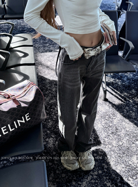 小侨JOFAY 亚历山裤 2025早秋新款黑色复古浮雕气质字母直筒裤