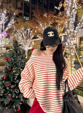 小侨jofay 节日氛围毛衣 秋冬女装新款红白条纹休闲慵懒毛衣上衣