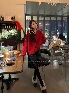 小侨jofay 波点韩女裙 2025冬季过年女装新款蕾丝边波点磨毛半裙