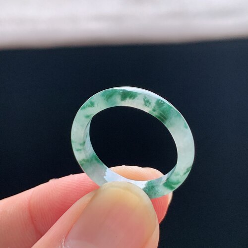 缅甸A货冰糯飘蓝花翡翠素圈戒指