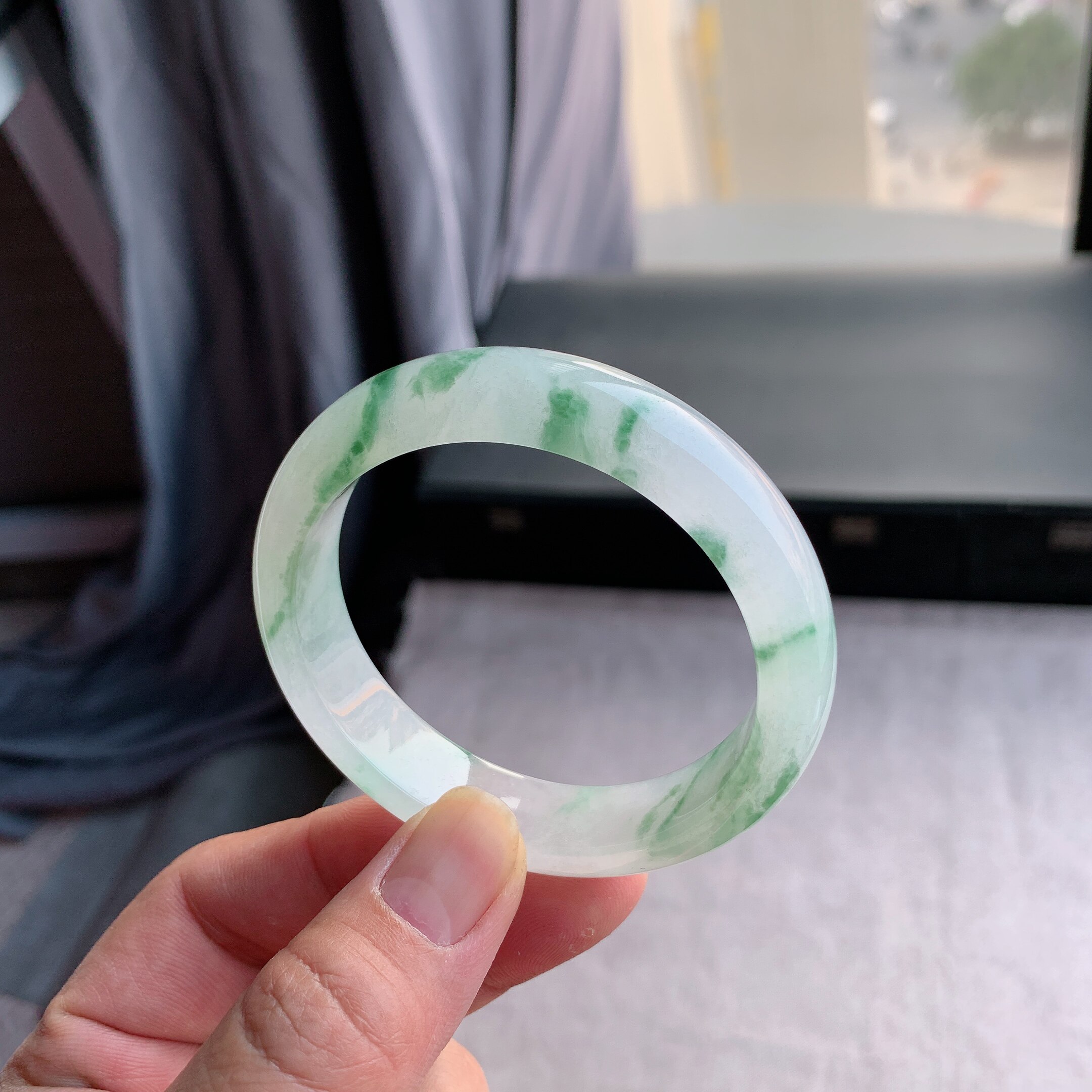 缅甸天然A货翡翠 56圈口冰飘绿花正圈手镯300401玉镯T10