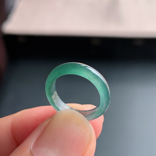 天然A货冰种翡翠牛仔蓝素圈戒指