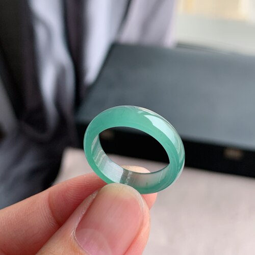 天然A货冰种翡翠湖水蓝素圈戒指