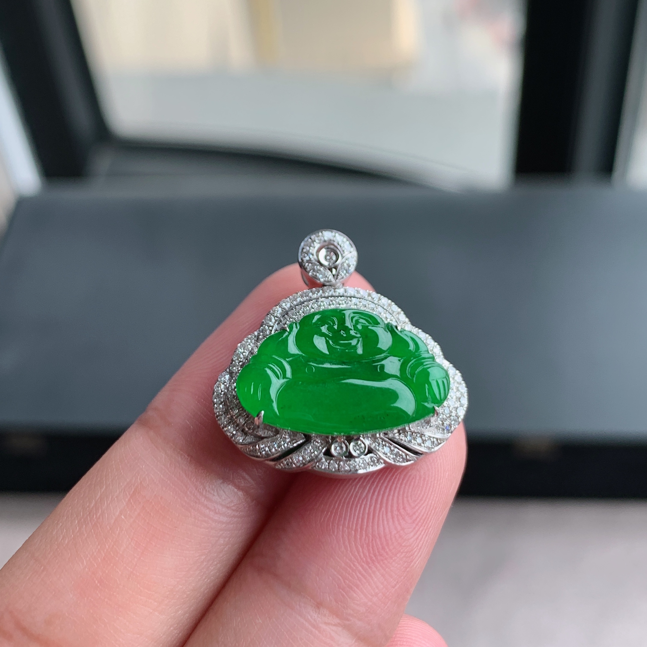 缅甸天然A货翡翠 18K金伴钻镶满绿阳绿佛公挂件吊坠L21