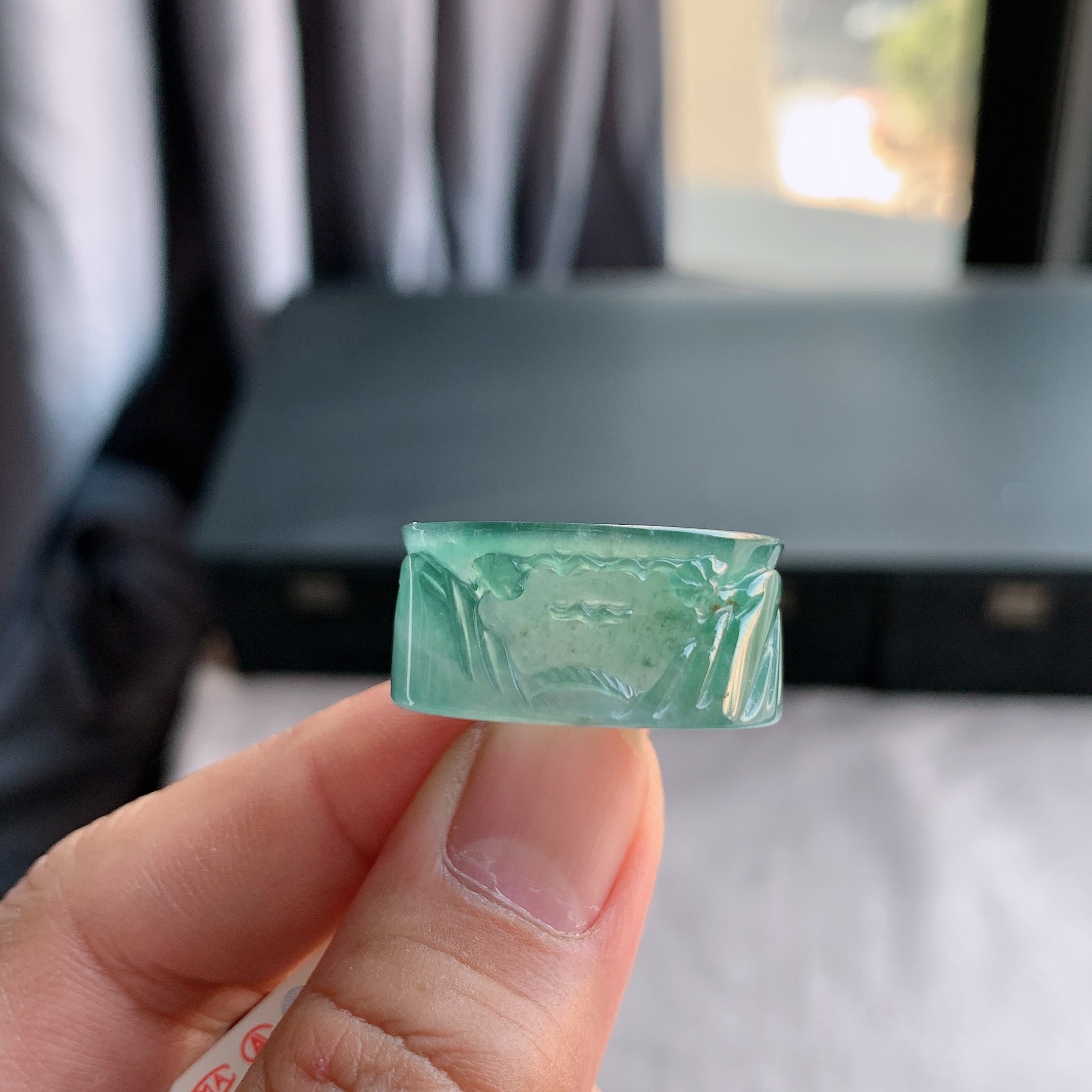 天然A货翡翠冰种山水扳指戒指