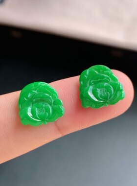 缅甸A货翡翠满绿阳绿镶件一对
