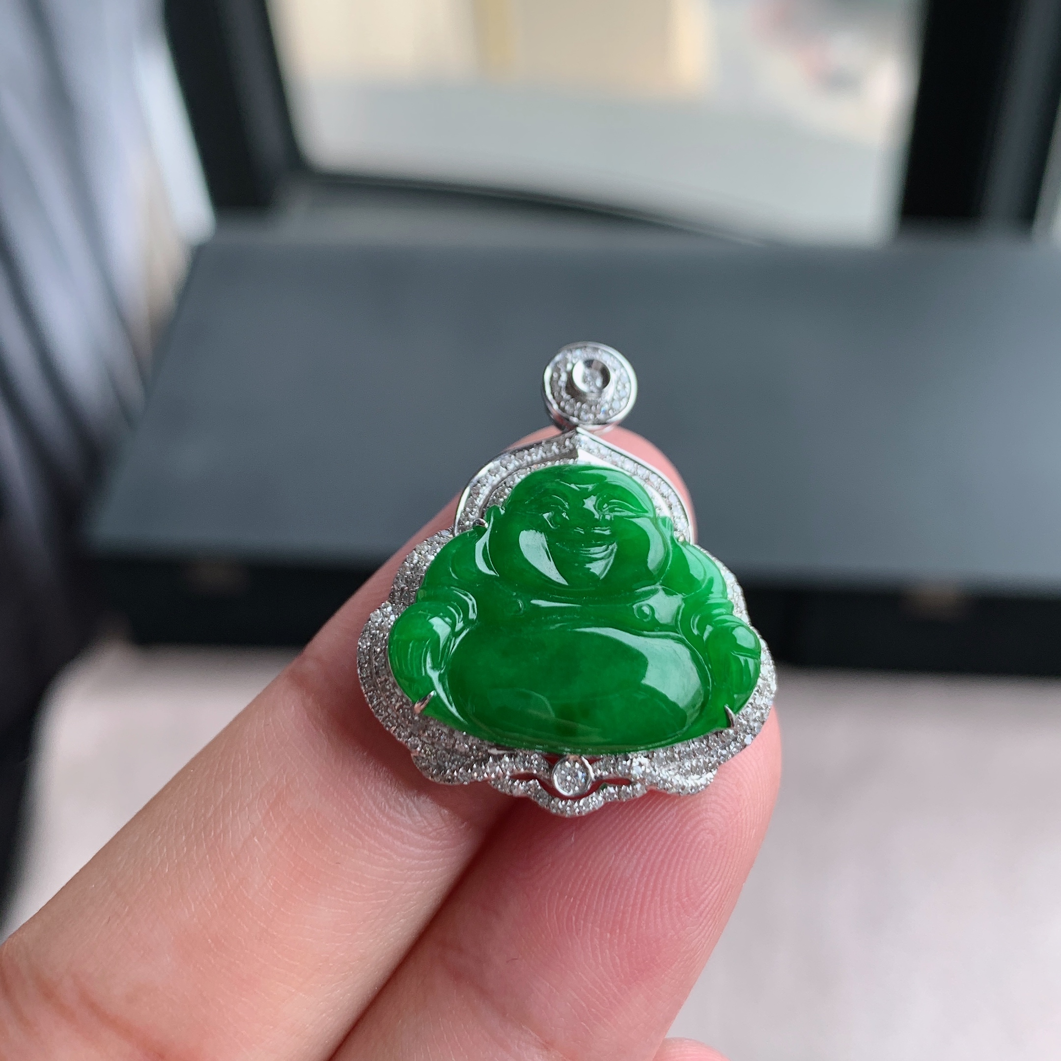 缅甸天然A货翡翠 18K金伴钻镶满绿阳绿佛公挂件吊坠L21