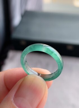 天然A货冰种湖水绿翡翠素圈戒指