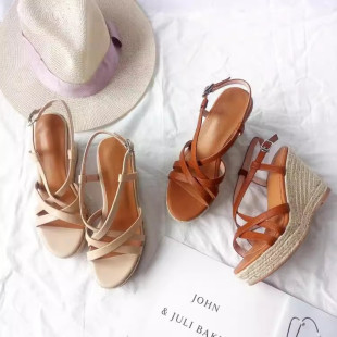 韩版 松糕跟厚底女凉鞋 草编坡跟凉鞋 夏季 女高跟防水台女鞋 2024新款