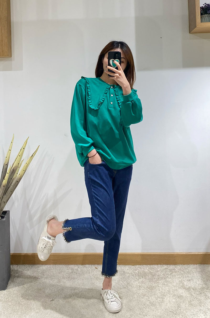 출산 솔리드 컬러 운동복 여성 봄 새로운 아름다움 엄마 느슨한 흰색 녹색 연령 감소 인형 칼라 탑