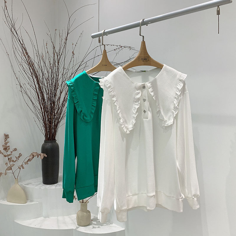 출산 솔리드 컬러 운동복 여성 봄 새로운 아름다움 엄마 느슨한 흰색 녹색 연령 감소 인형 칼라 탑