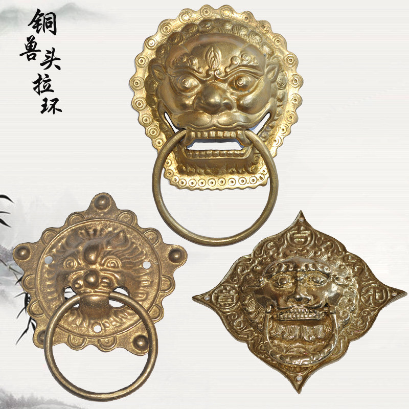 复古铜虎头拉手大门别墅明清装修配件兽头加厚四角麒麟院门把手