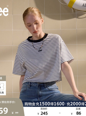 Lee商场同款舒适男友风条纹撞色刺绣圆领黑色女短款短袖T恤休闲潮