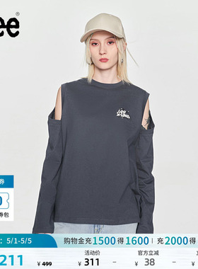 Lee舒适版圆领露肩印花Logo插肩袖灰色女长袖T恤潮流LWT0082344LE