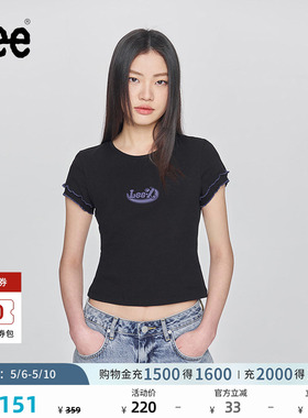 Lee修身版圆领刺绣Logo设计黑色女短袖T恤显瘦休闲潮LWT009880207
