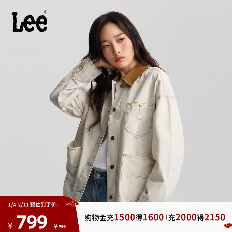 Lee商场同款26春夏新宽松版撞色翻领设计奶白色女91J工装夹克外套,女装/女士精品,短外套,淘宝优惠券,粉丝福利购,淘宝优惠卷