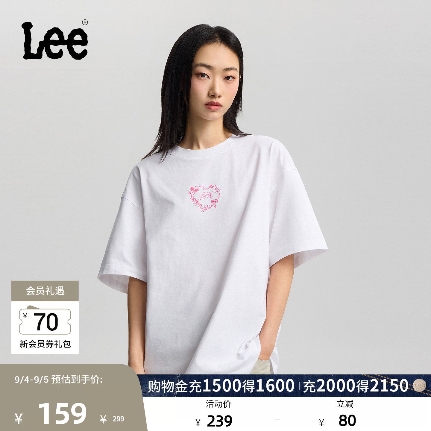 Lee26新品宽松版圆领丝带框架图案女短袖T恤休闲LWT0122944LE图片