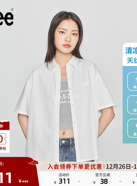 Lee25新舒适版翻领Logo徽标印花天丝白色女短袖衬衫LWT009858207