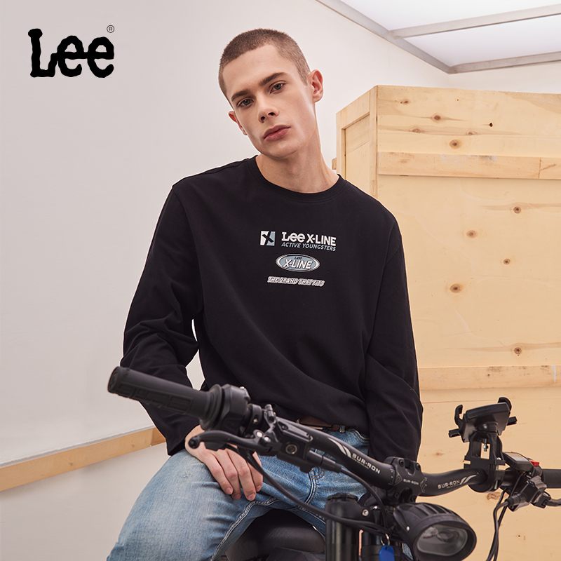 Lee图案圆领黑色男长袖T恤