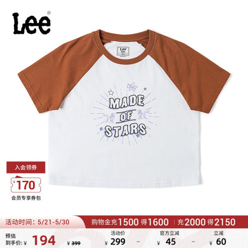 Lee舒适版圆领字母印花图案插肩袖女短袖T恤休闲潮流LWT0076573RT