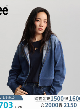 Lee商场同款26夏新舒适版拼布Logo装饰靛蓝色女短款连帽开衫卫衣