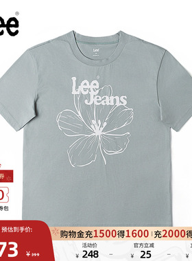 Lee商场同款25新品舒适版男友风圆领花朵印花图案石灰色女短袖T恤