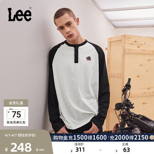 Lee舒适版 燕麦灰宽松男女款 长袖 T恤休闲潮流 亨利领口撞色插肩袖