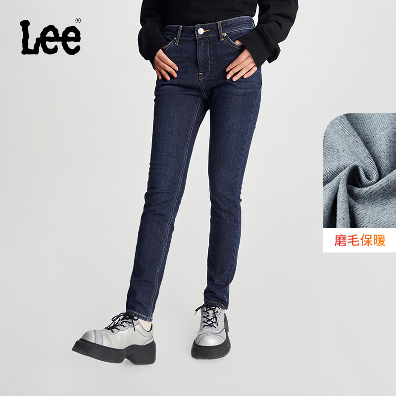 Lee高腰窄脚磨毛中深蓝牛仔裤