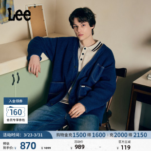 Lee软fufu商场款 LMT011395209 宽松大V领拼接设计花纱蓝男毛衣开衫