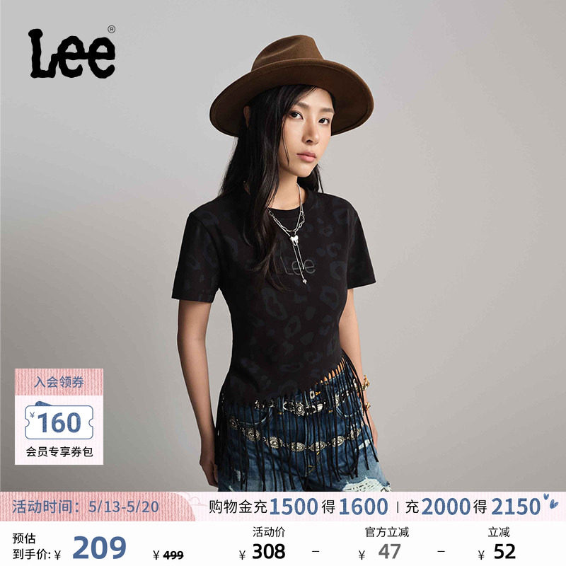 Lee商场同款舒适版101+豹纹满印流苏圆领黑色女短袖T恤休闲潮