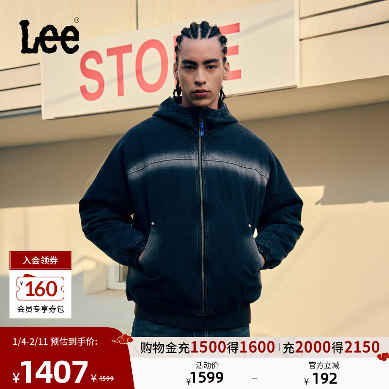 Lee暖fufu商场款25冬新舒适版连帽连肩袖设计黑灰色男牛仔羽绒服