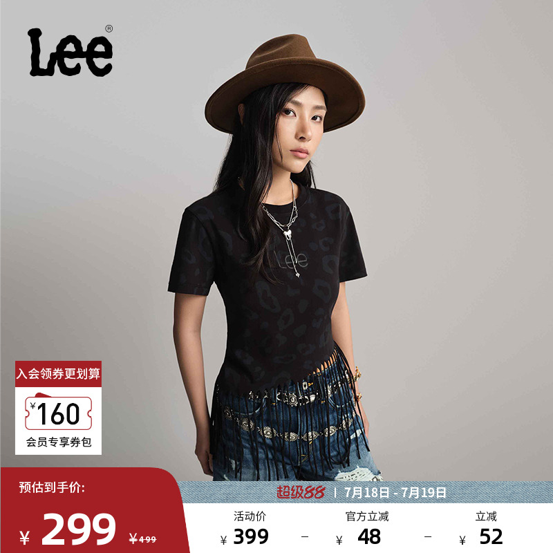 Lee豹纹满印流苏黑色女短袖T恤