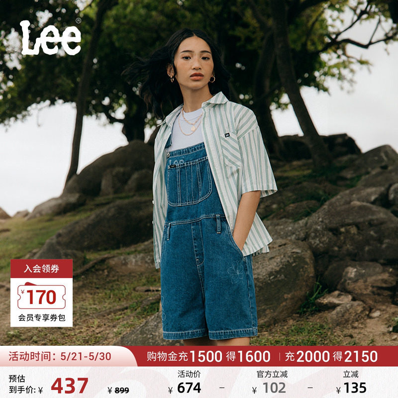 Lee商场同款镭射印花中蓝女背带短裤显瘦休闲潮流LWB24130
