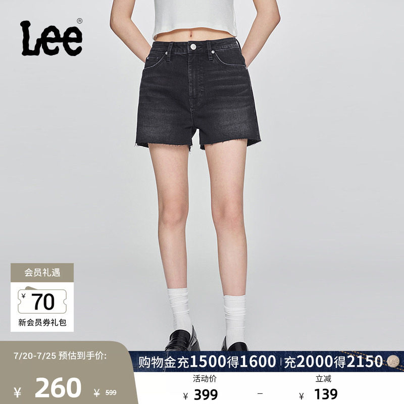 Lee日常经典五袋款设计毛边黑灰色水洗女士牛仔短裤休闲潮A08079