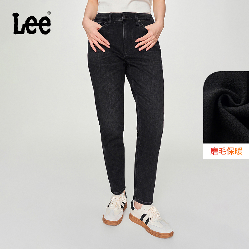 Lee高腰小直脚磨毛牛仔裤