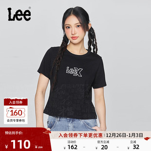 女短袖 圆领珍珠Logo印花黑色短款 T恤显瘦休闲潮 舒适版 Lee25新品