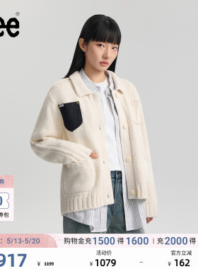 Lee商场同款舒适版翻领刺绣Logo乳白色女毛衣开衫潮LWT011253209