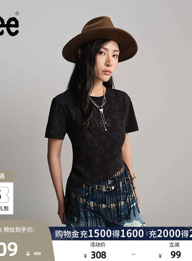 Lee商场同款舒适版101+豹纹满印流苏圆领黑色女短袖T恤休闲潮流