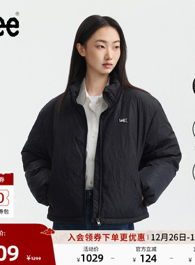 Lee25秋冬新品舒适版立领裂纹图案小Logo徽标黑色女羽绒服休闲潮